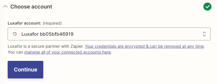 Choose account for Zapier with Luxafor